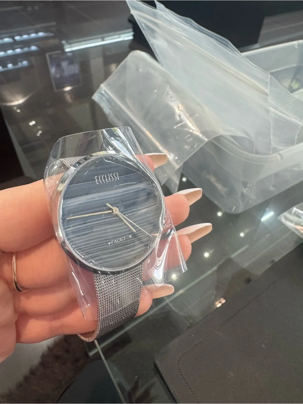 Ecclissi Facet Minimalist Stainless Steel Mesh Watch with Striped Dial